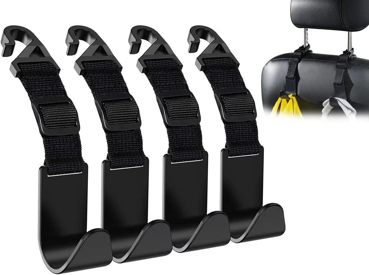 Adjustable Car Seat Headrest Hook, Universal Storage Headrest Hanger, Holder Hooks, Organizer for Vehicle, Strong and Durable Backseat Hanger Interior Accessories for Handbag Purse Coat 4 Pack