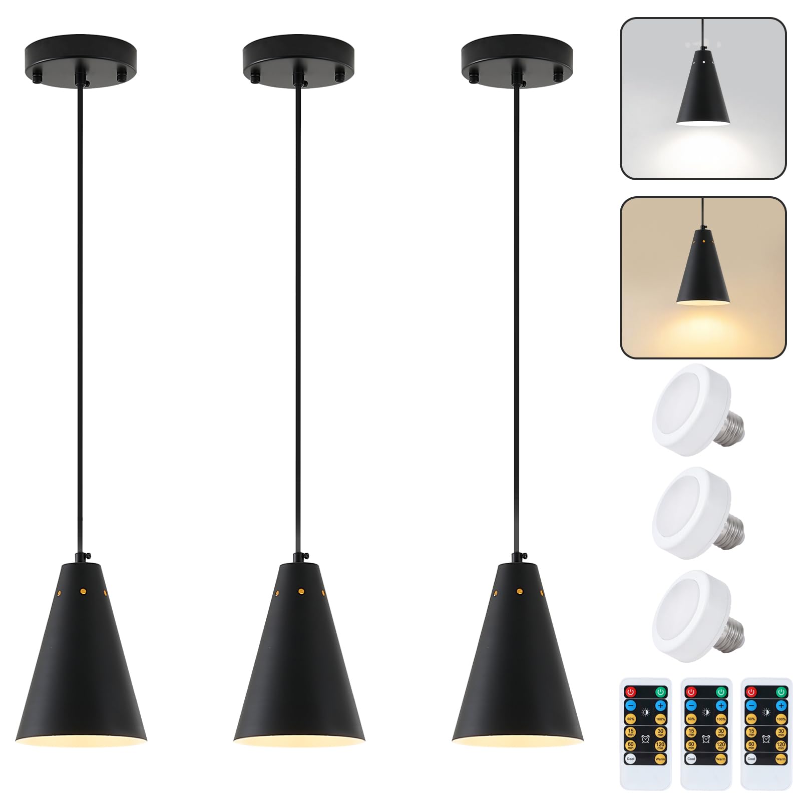 Dijiahua Black Battery Operated Pendant Light 3 Pack with Remote Control,Wireless LED Mini Chandeliers with Metal Shade, Modern Dimmable 2 Color Temperatures Cord Hanging Indoor Lighting Fixtures