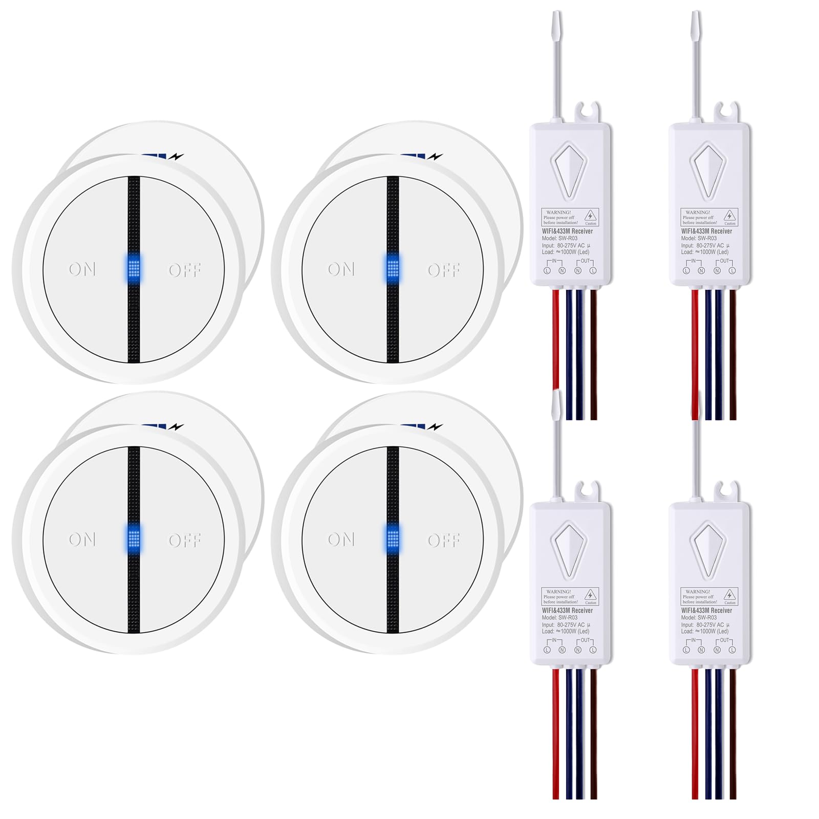 NineLeaf 4PK Smart Funk Lichtschalter und Empfänger mit 2.4-GHz-WLAN,Fernbedienungsschalter funktionieren mit Alexa und Google Assistant,Sprachsteuerung,für Zuhause und Büro