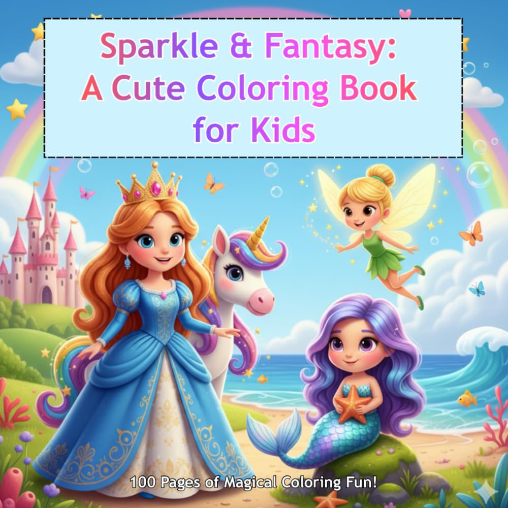 Sparkle & Fantasy: A Cute Coloring Book for Kids: Easy Drawing of Princess, Unicorns, Fairies, and Mermaids For Ages 4-10