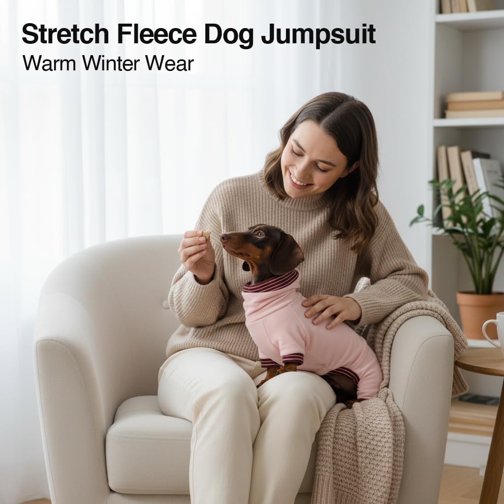 Dachshund Turtleneck Pullover Polar Fleece Four-Legged Dog Jumpsuit, Stretchy Warm Soft Anti-Static Pajamas for Wiener Dog& Small Dogs Fall Winter (Pink, Medium (11-15 lbs))