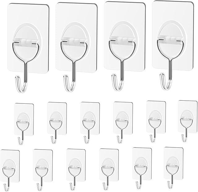CGBE Adhesive Wall Hooks, 16Pcs Heavy Duty Hooks for Hanging 11 lbs (Max) Seamless Transparent Adhesive Hooks for Hanging Keys Coats Hats Bags Ceiling
