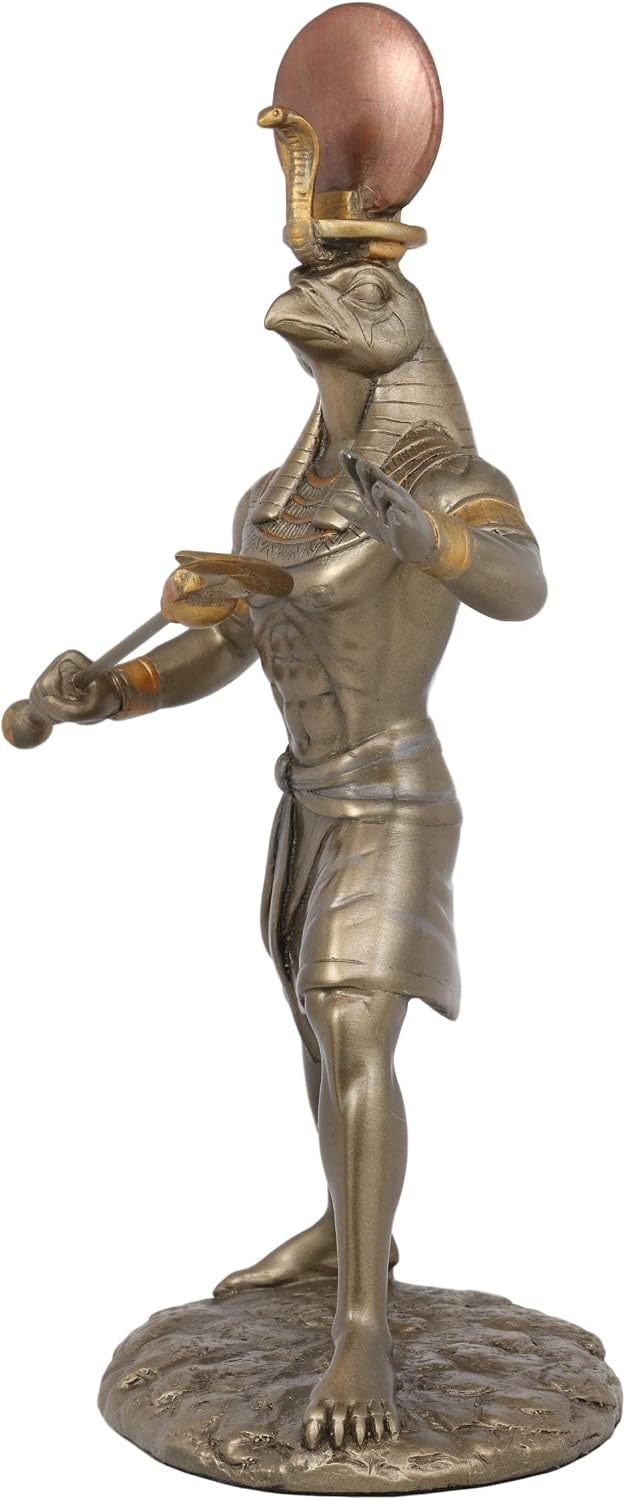 Ebros Egyptian Mythology God Horus Ra with Sun and Uraeus Disc Statue in Faux Bronze Resin Gods of Egypt Deity of War & Sky Falcon Heru Figurine 11" Tall Home Decor Sculpture