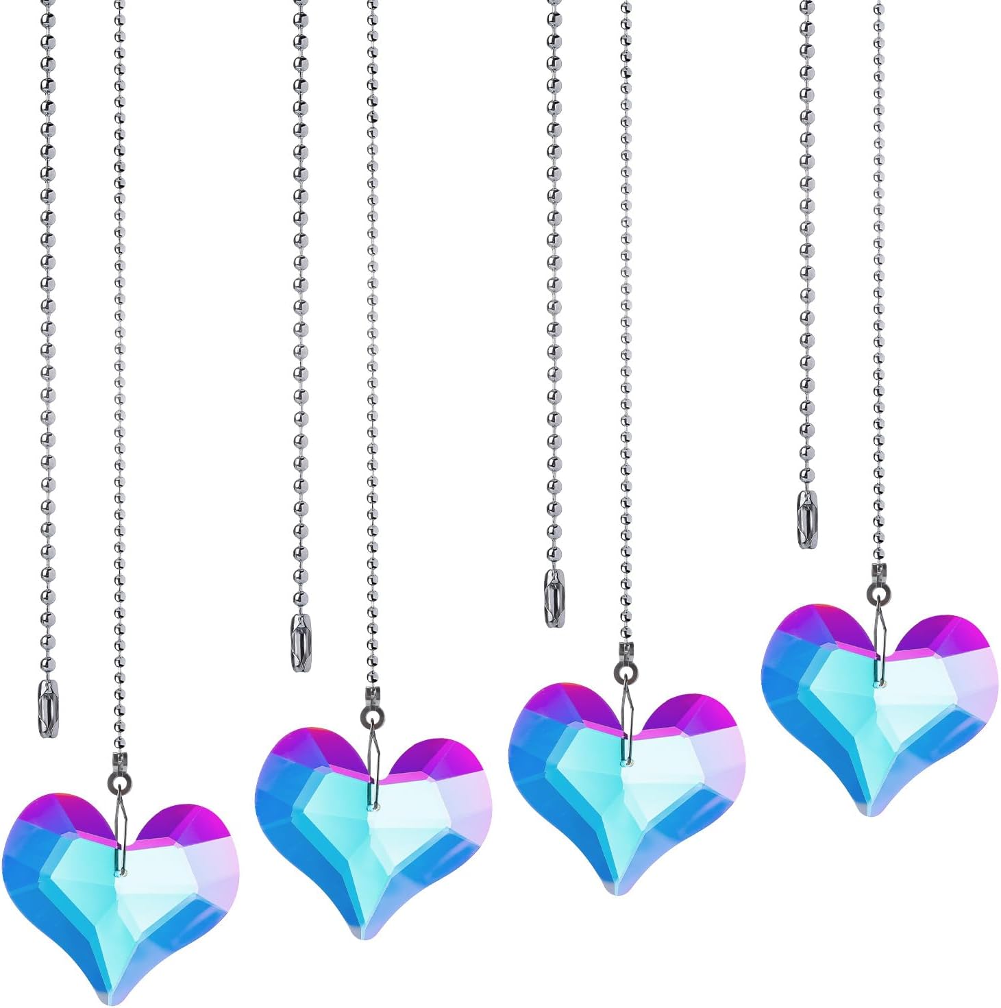 LONGSHENG - SINCE 2001 - 4 Pack Silver Ceiling Fan Pull Chains, Crystal Prisms Heart Drop Pendant Pull Chains for Ceiling Fans Decorative Fan Pulls Extenders with Connector