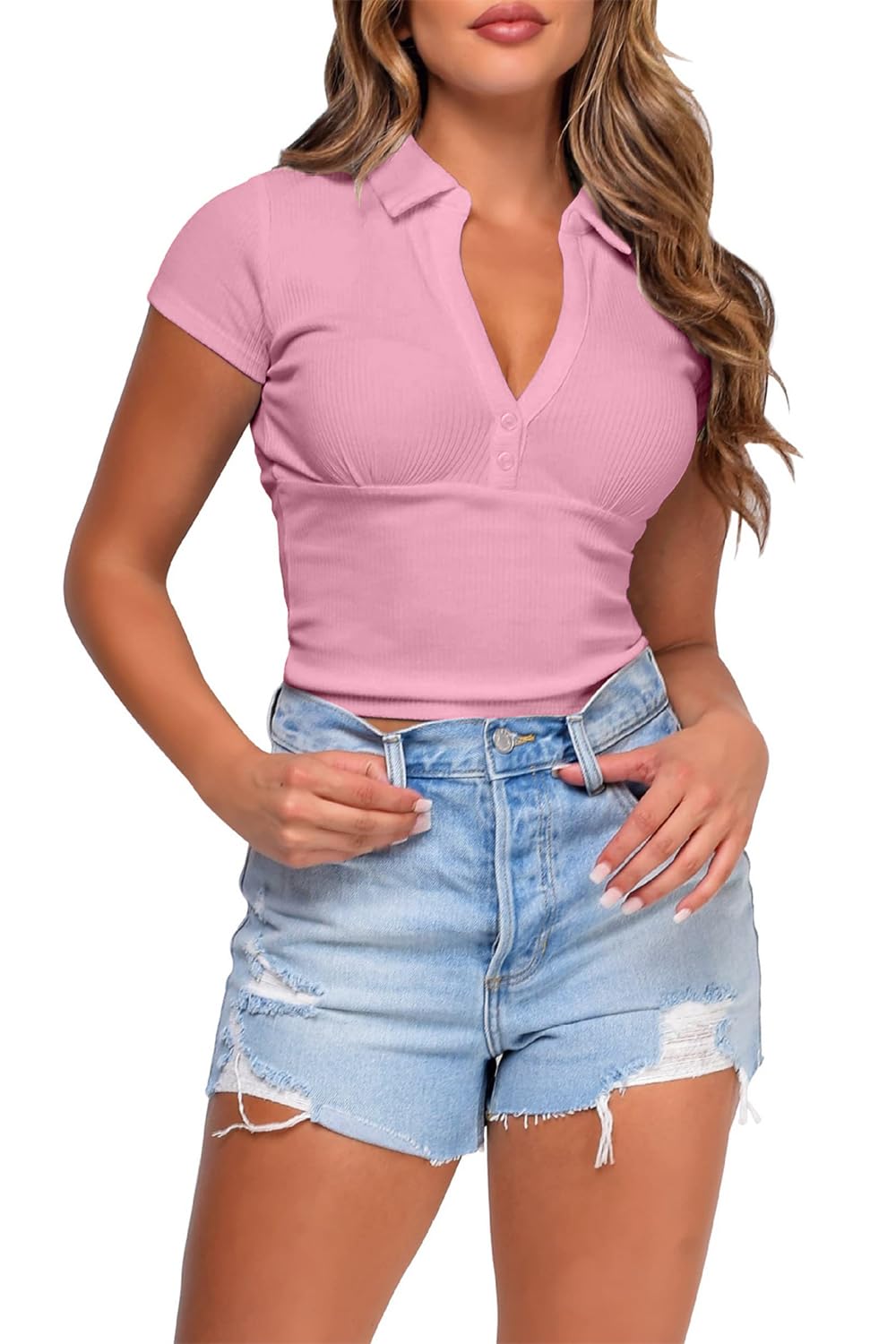 Rayson Camisetas Manga Corta Mujer Blusas Mujer Verano Elegantes Cuello en V A justado Top Mujer Verano Blusa Y2K