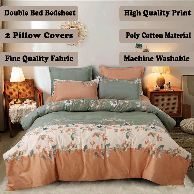Image of Polycotton Double Bed Bedsheet, Flat Sheet with 2 Pillow Covers, Queen (90x100 inch), 300 TC, Green & Orange, Set of 3