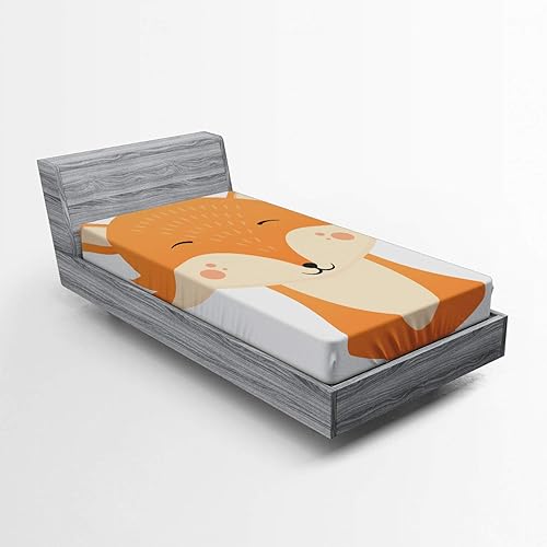 Ambesonne Sábana bajera ajustable de zorro, ilustración divertida y sencilla de cara sonriente de animal feliz, funda de cama con bolsillo profundo