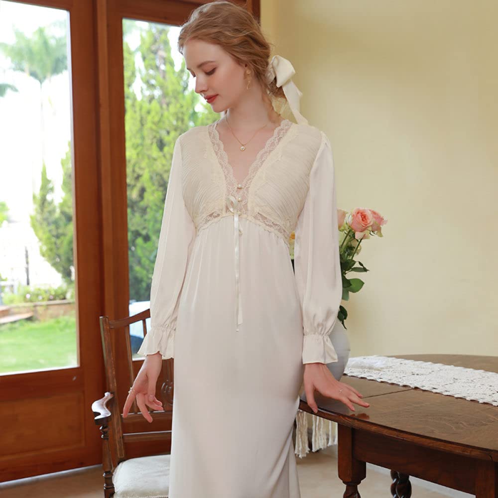 Nachthemd,Damen-Nachthemden, Beige, Satin, V-Ausschnitt, Hohle Spitze, Nähte Mit Knöpfen, Sexy Schlafhemd, Weiches, Bequemes, Langärmliges Nachthemd, Loungewear Für Damen, Mädchen, Pyjama-Party