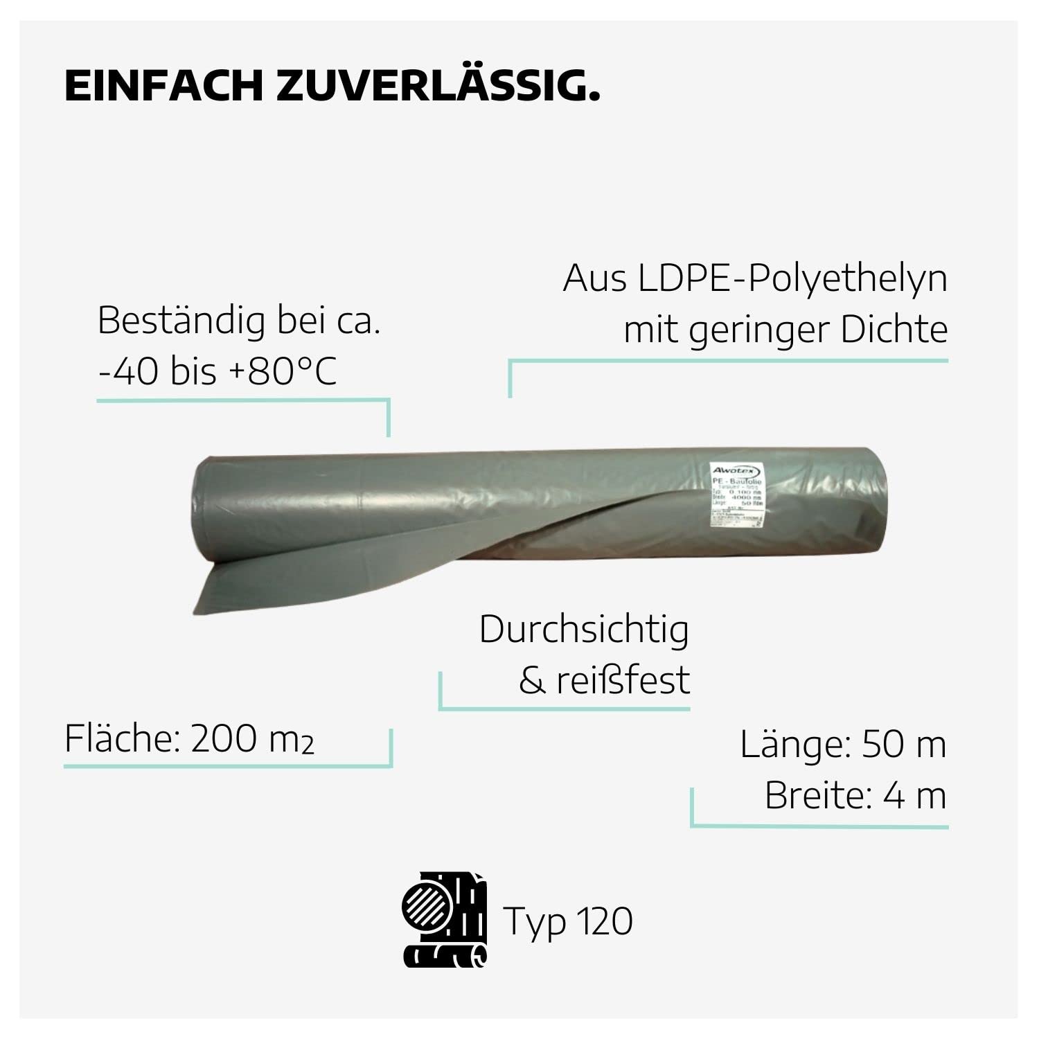 PE-Baufolie transluzent Typ 120 I 50 x 4 m Abdeckfolie mit 0,92g/cm³ I Bau-Folie transparent I LDPE-Polyethylen-Folien Rolle I Abdeckfolie wasserdicht für Innen & Außen