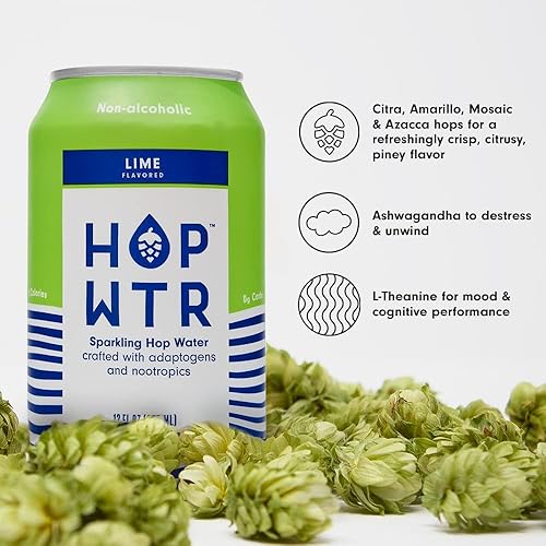 Miniatura 4 de HOP WTR - Agua de lúpulo con gas - Lima - (12 unidades) - Cerveza NA, sin calorías ni azúcar, baja en carbohidratos, con adaptógenos y nootrópicos