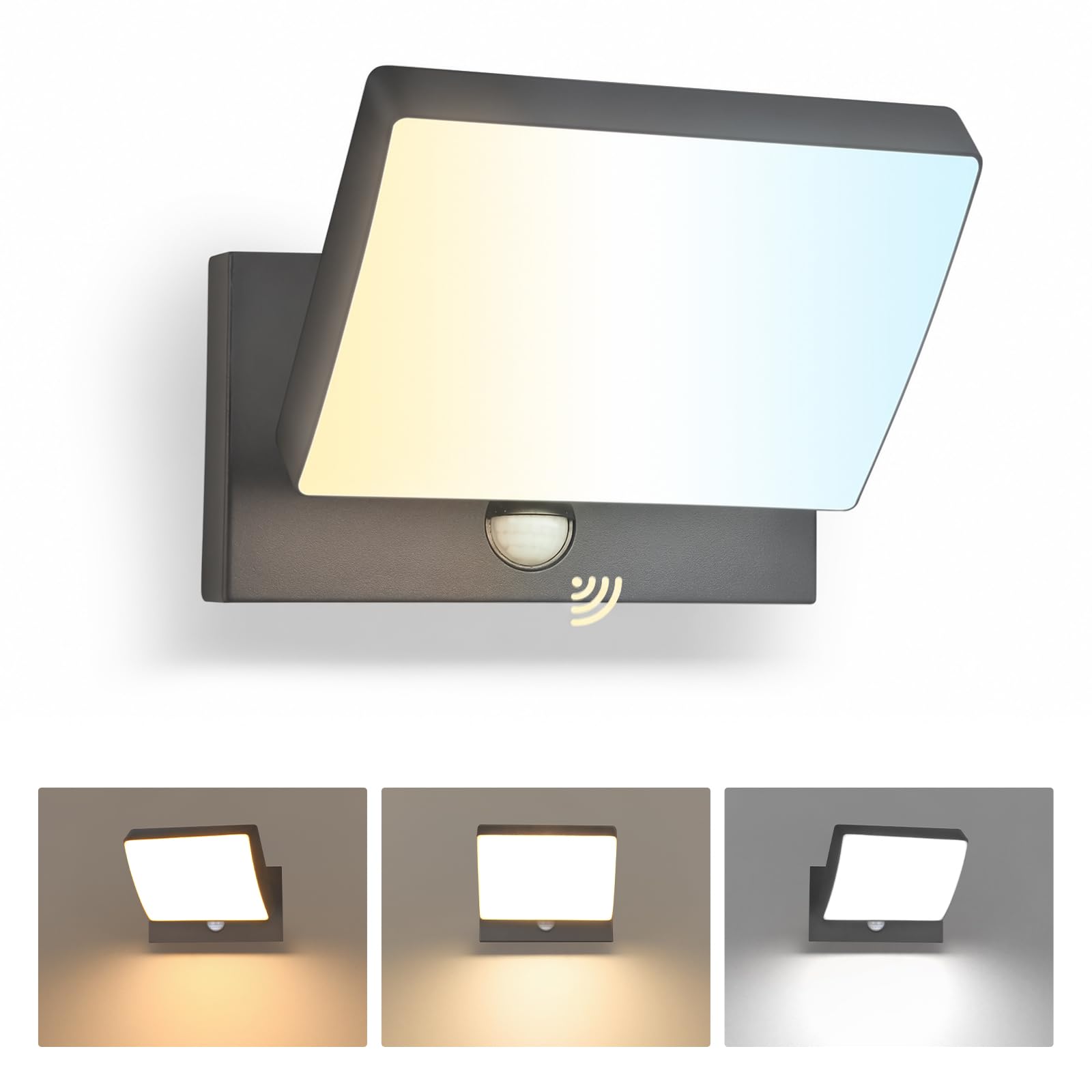 GeyouLux 24W Apliques Exterior LED con Sensor de Movimiento,192 LED 3500LM IP65 Lámpara Exterior,3 Modes Lámpara Pared Ajustable Interior Apliques da Pared Aluminio para Corredor Jardines,Antracita