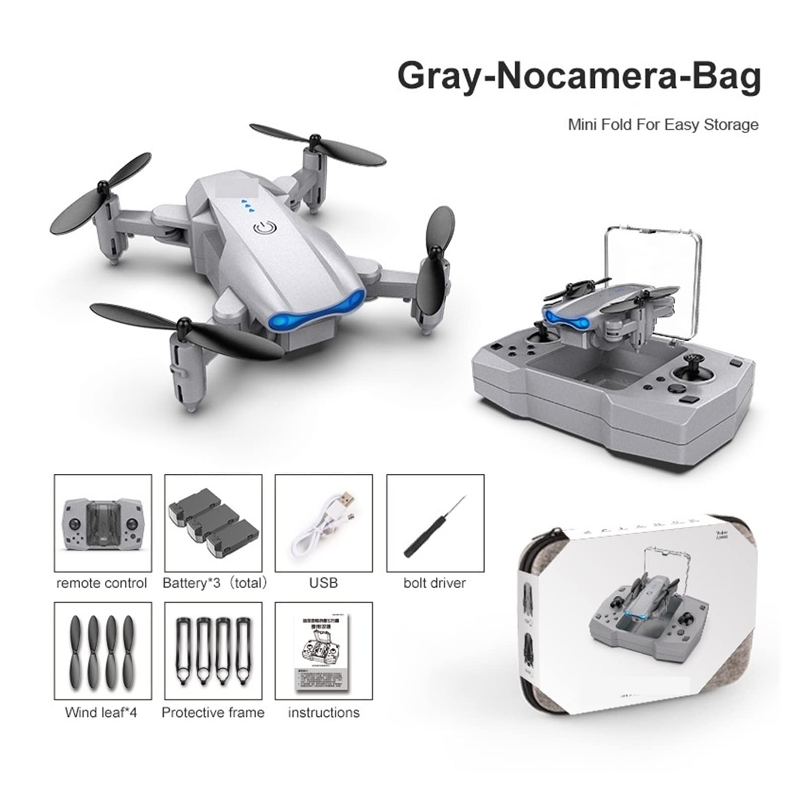 Składany dron Quadcopter Mini Drone Podwójna kamera 4K HD 2.4G WiFi FPV Przenośny składany quadkopter z jednym powrotnym RC helikopter (Kolor: Szary-Nocamera-1B-Rozmiar torby: 1) (Szary Nocamera)