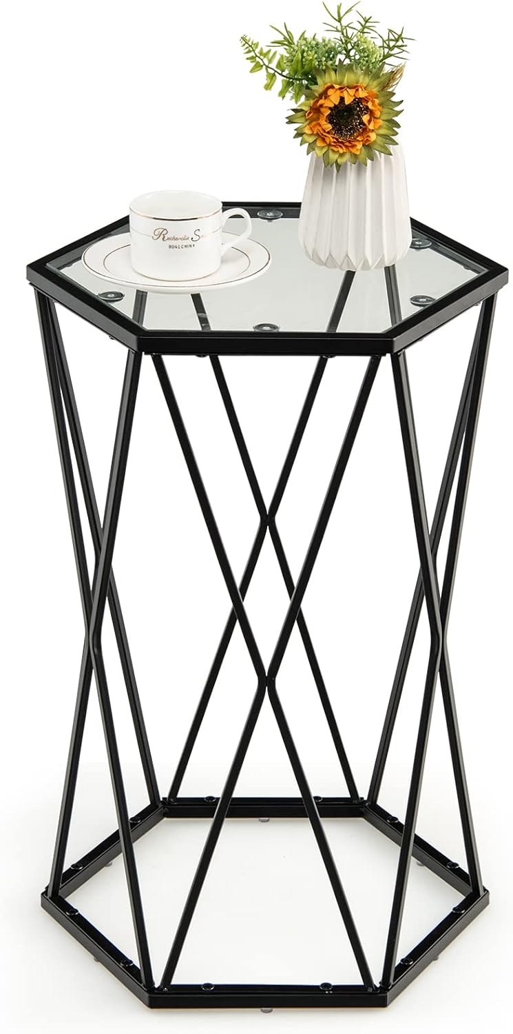 Multigot Glass Coffee Table, Hexagonal Metal Frame Sofa Side Table, Modern Narrow End Table for