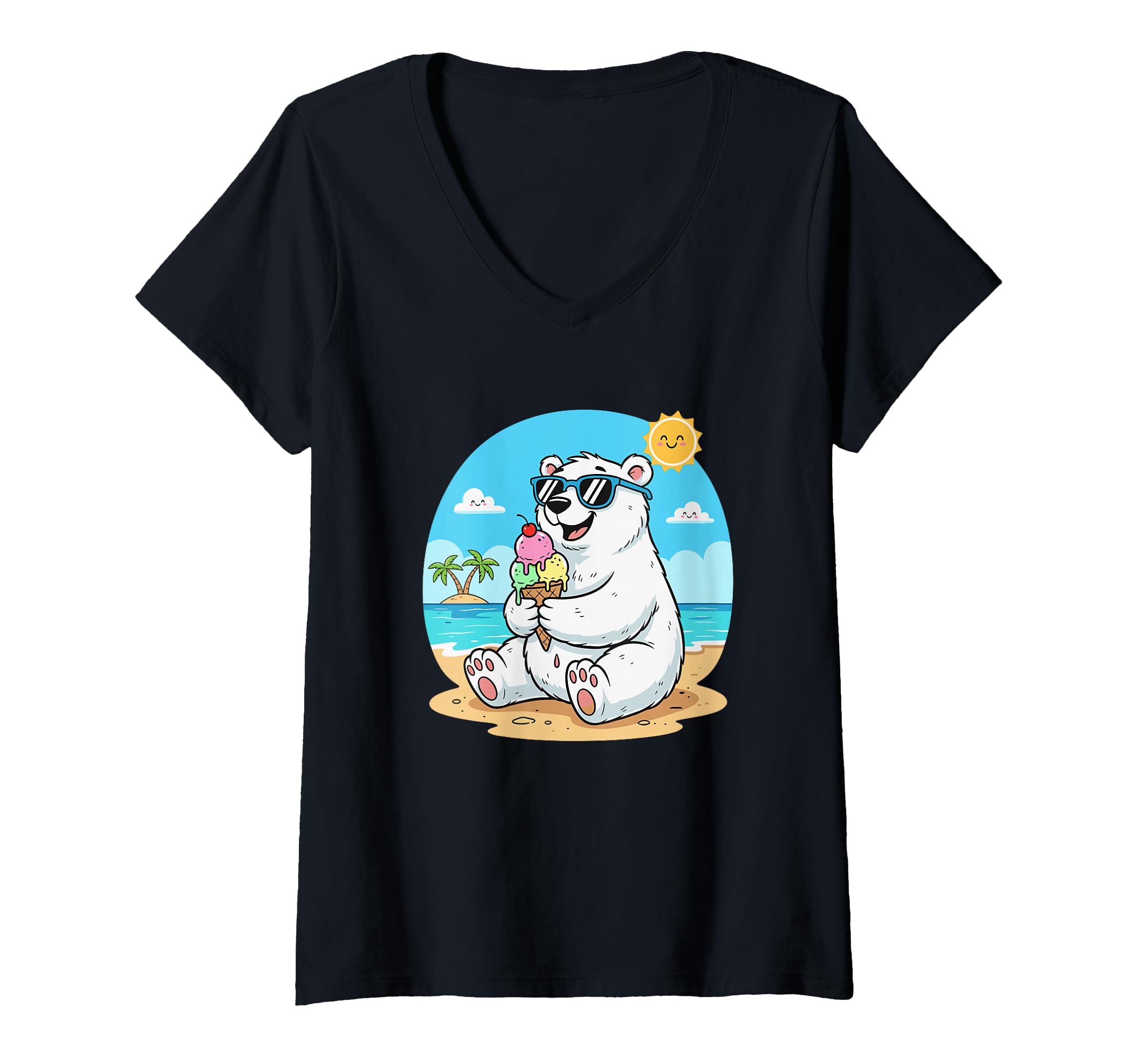 Women's Cool Polar Bear Eating Ice Cream at Beach V-Neck T-Shirt