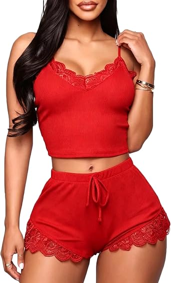 RUEWEY Womens V-Neck Sleeveless Pajamas Set Lace Cami Set with Short Pants Sleepwear PJ Set Nightwear