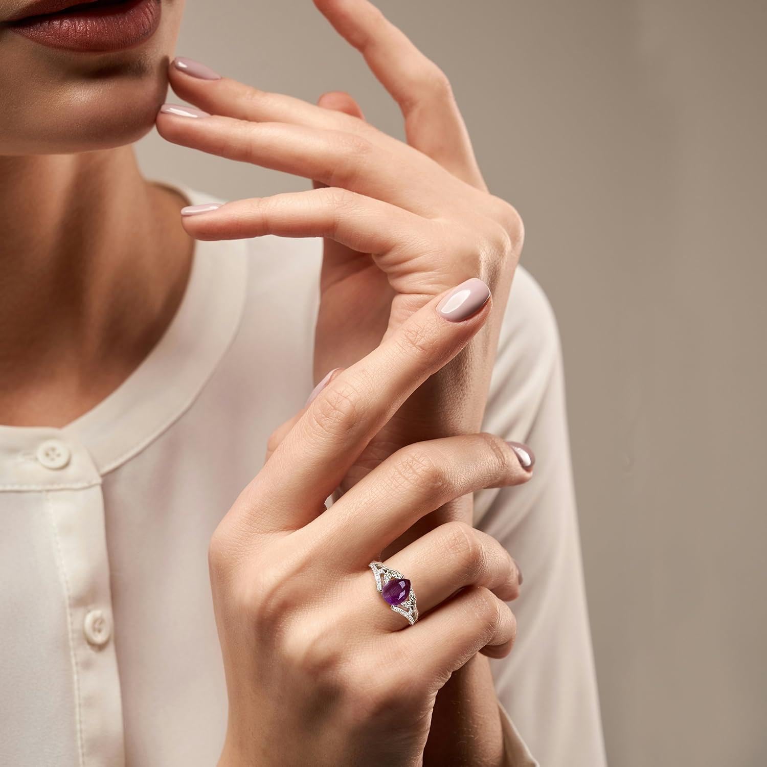 925 Sterling Silver Natural Amethyst Rings for Women Leaf and CZ Ring Purple Violet Crystal Teardrop Gemstone February Birthstone Healing Jewelry