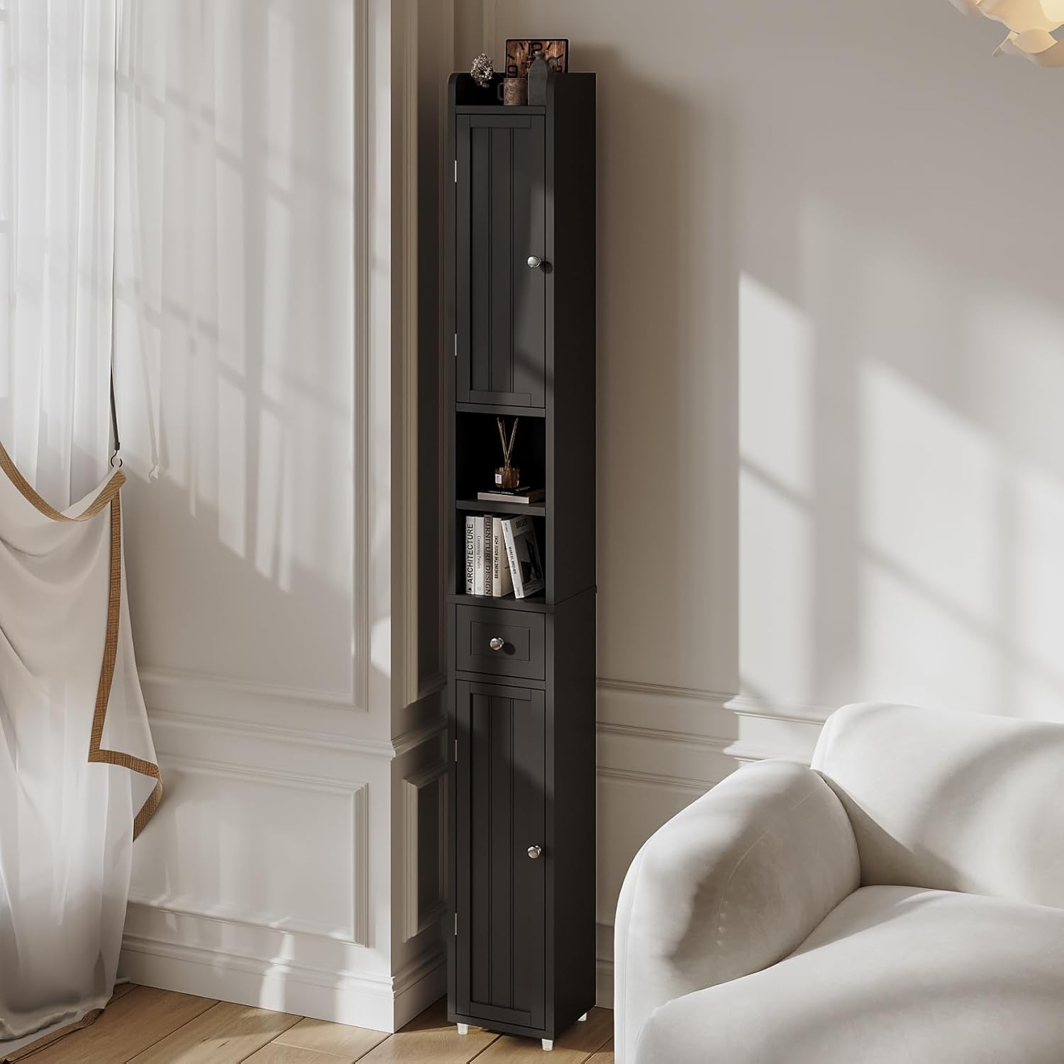 ChooChoo Narrow Bathroom Storage Cabinet with Adjustable Shelves, Tall Storage Cabinet with 2 Doors and 1 Drawer, Freestanding Cupboard for Small Spaces, Black