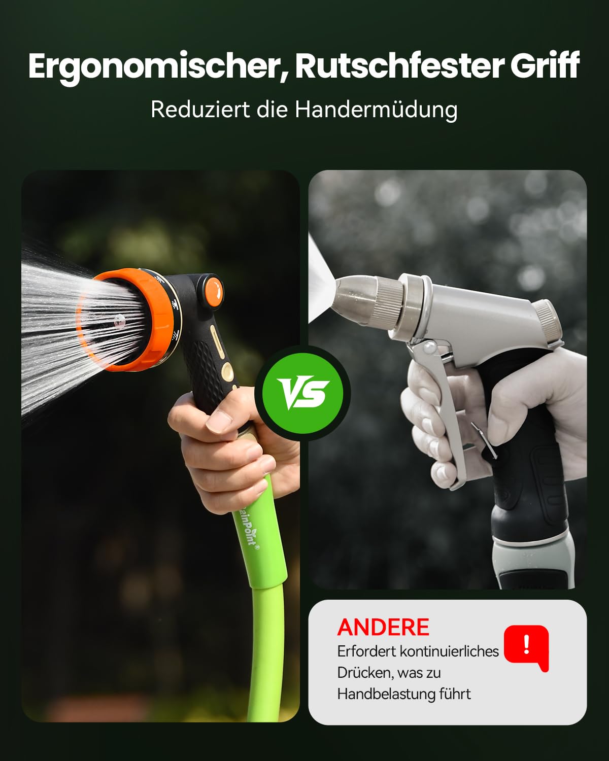 RAINPOINT Gartenbrause, Metall Garten Handbrause mit 10 Bewässerungsmuster, Mühelose Wasserfluss-Regelung, Hochdruck Gartenschlauch Spritze für Bewässerung, Autowaschen, Orange