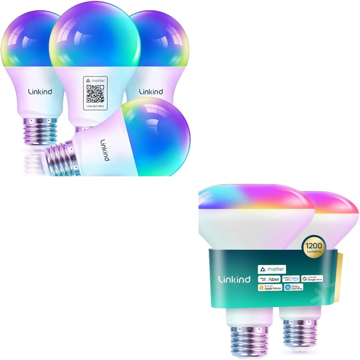 Matter BR30 Smart Flood Light Bulbs 1200LM 2Pack & Matter Smart Light Bulbs A19 4 Pack Compatible with Apple Home/Siri/Alexa/Google Home/SmartThings