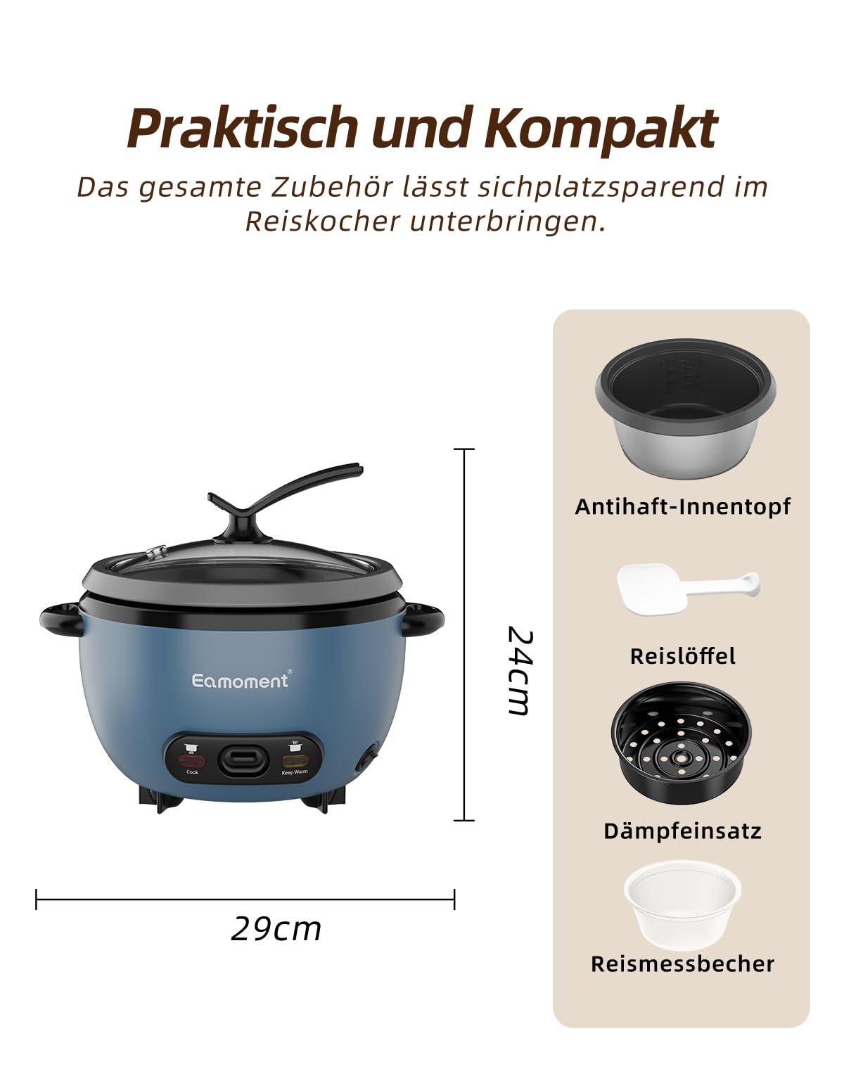 ERC-5P07BL 1 l | 400 W szybkowar do ryżu i czarny wkład na parze, do gotowania dla 1-5 osób, nieprzywierający, zdejmowany garnek, kubek z miarką, szpatułka, przycisk ustawiany, niebieski