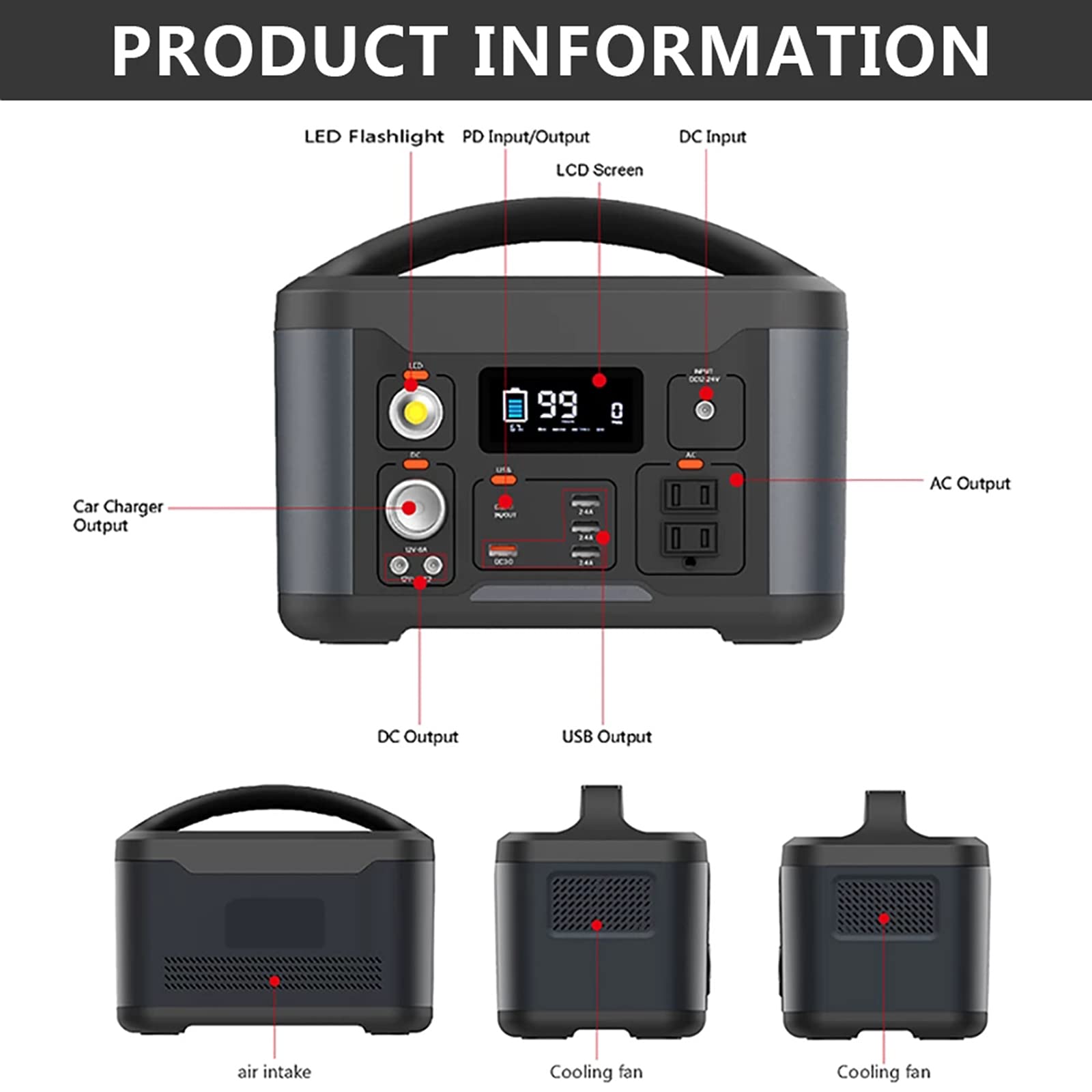 Central Eléctrica Portátil De 750W, 165000 Mah Supercapacidad Batería De Emergencia Cargador con Pantalla LED, Puerto CA CC Generador De Energía para Acampar, Viajes por Carretera