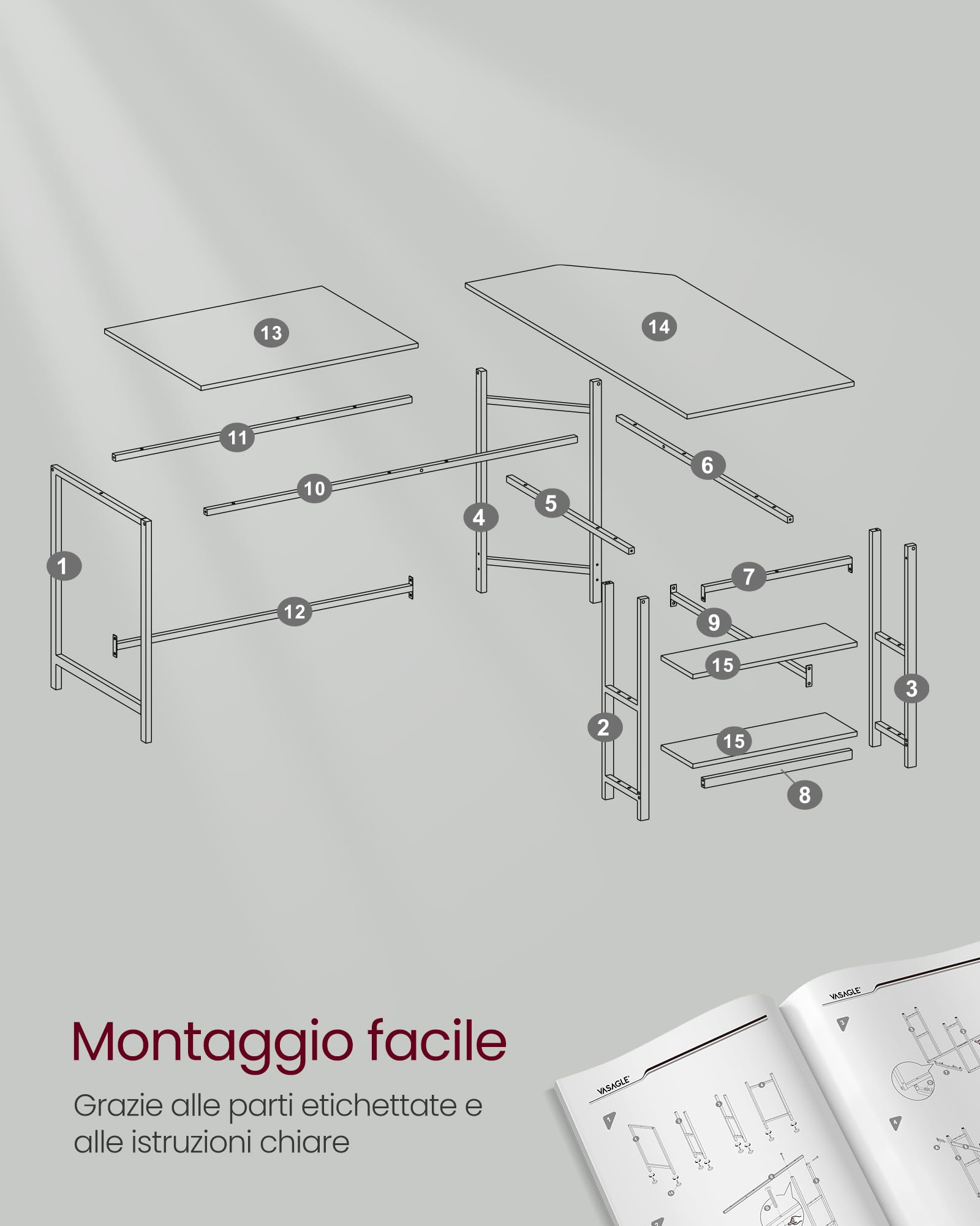 VASAGLE Scrivania per Computer a Forma di L, 138 x 138 x 76 cm, Scrivania ad Angolo con 2 Ripiani, per Ufficio Studio, Bianco Acero LWD072W44