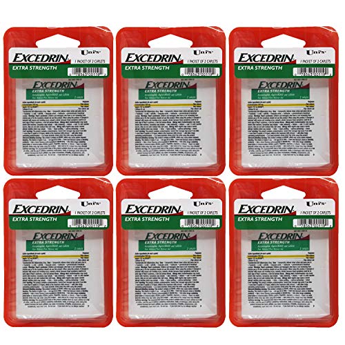 Unis Excedrin Extra Strength 6 Count Single Dose Relief 2 caplets in Each Packet. Helps Relieves Headache Toothache Backache Menstrual Cramps Common Cold and Muscular Aches.