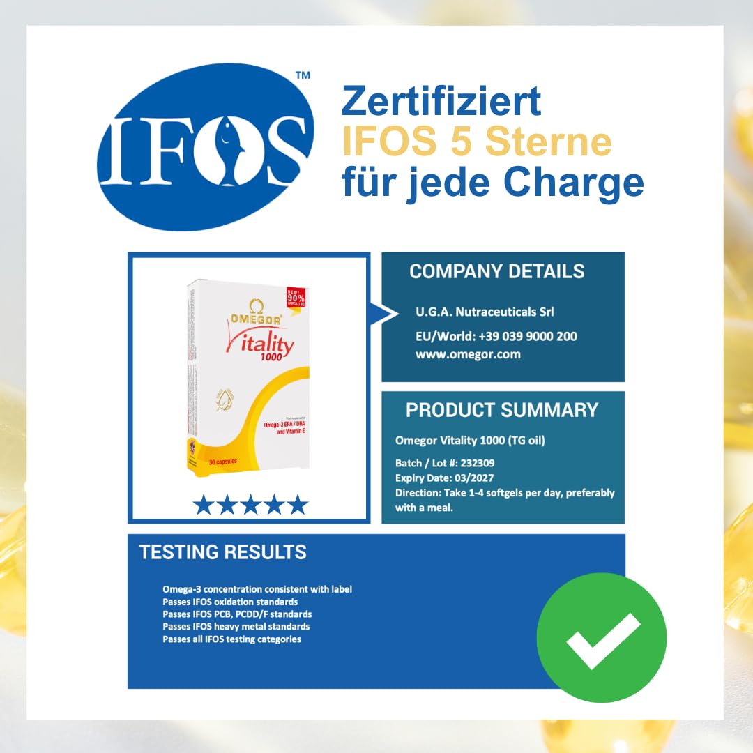 Omegor Vitality 1000 – Nahrungsergänzungsmittel mit 90% Omega 3 in Triglyceridform – Vitamin E – Für die Gesundheit von Herz, Sehvermögen und Gehirn – IFOS-zertifiziert – 30 x 4 Kapseln