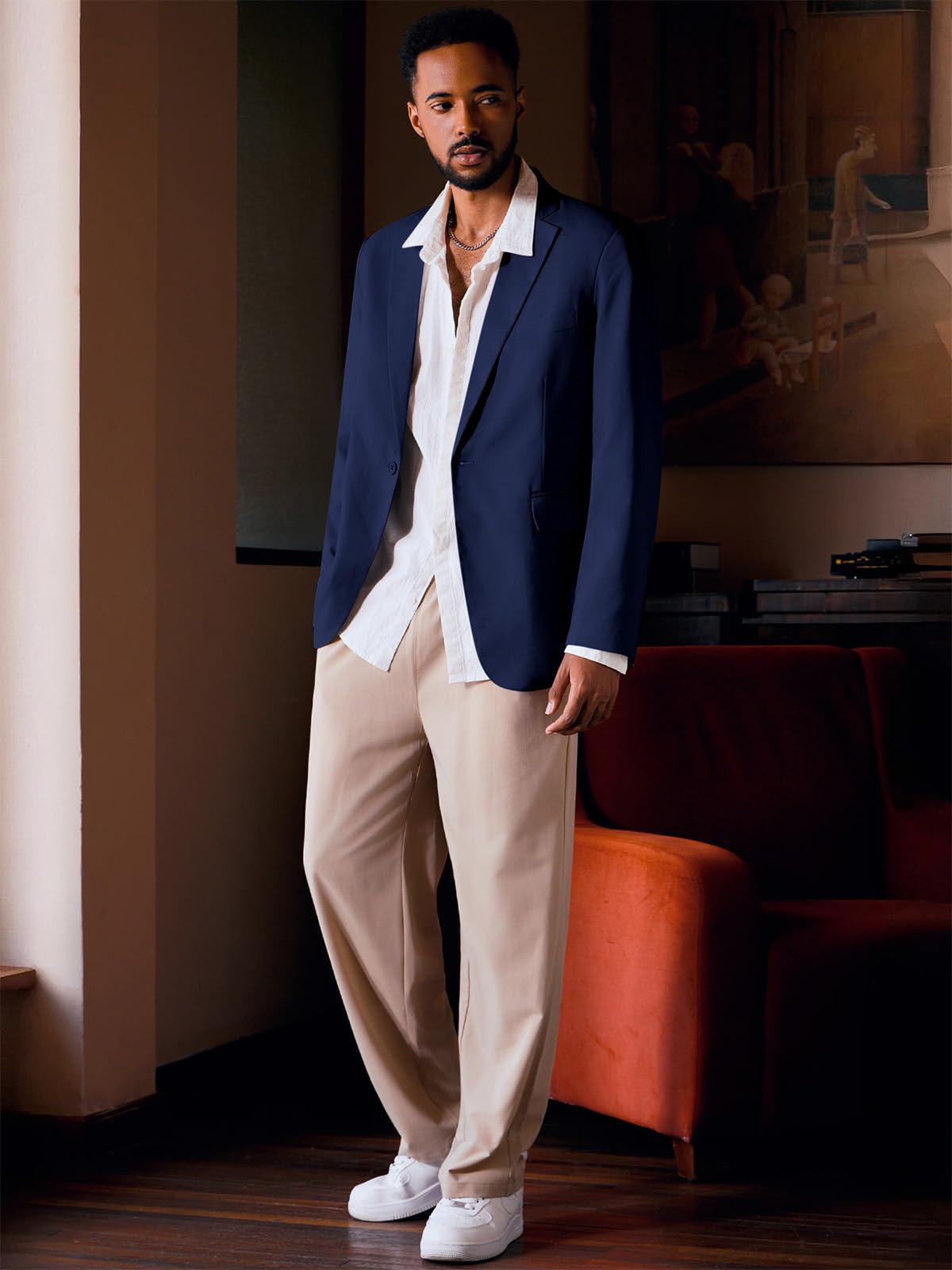 Blazer Homme Décontracté Ajusté Slim Fit Veste de Costume Noir Un Bouton Élégant Formel Business