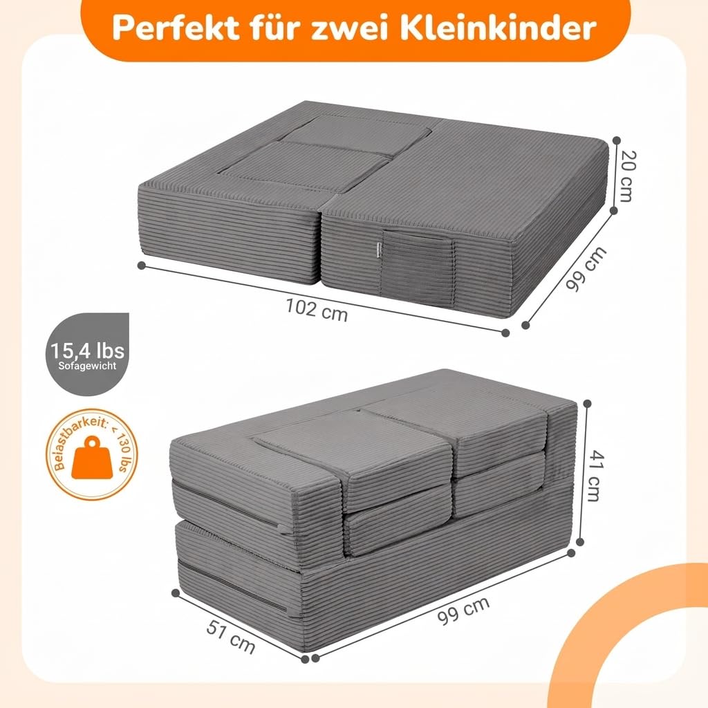 MeMoreCool Kindersofa aus Cord, Ausklappbares Schaumstoff Sofa, Modulare Mini Couch für Kinderzimmer & Schlafzimmermöbel, Hellgrau