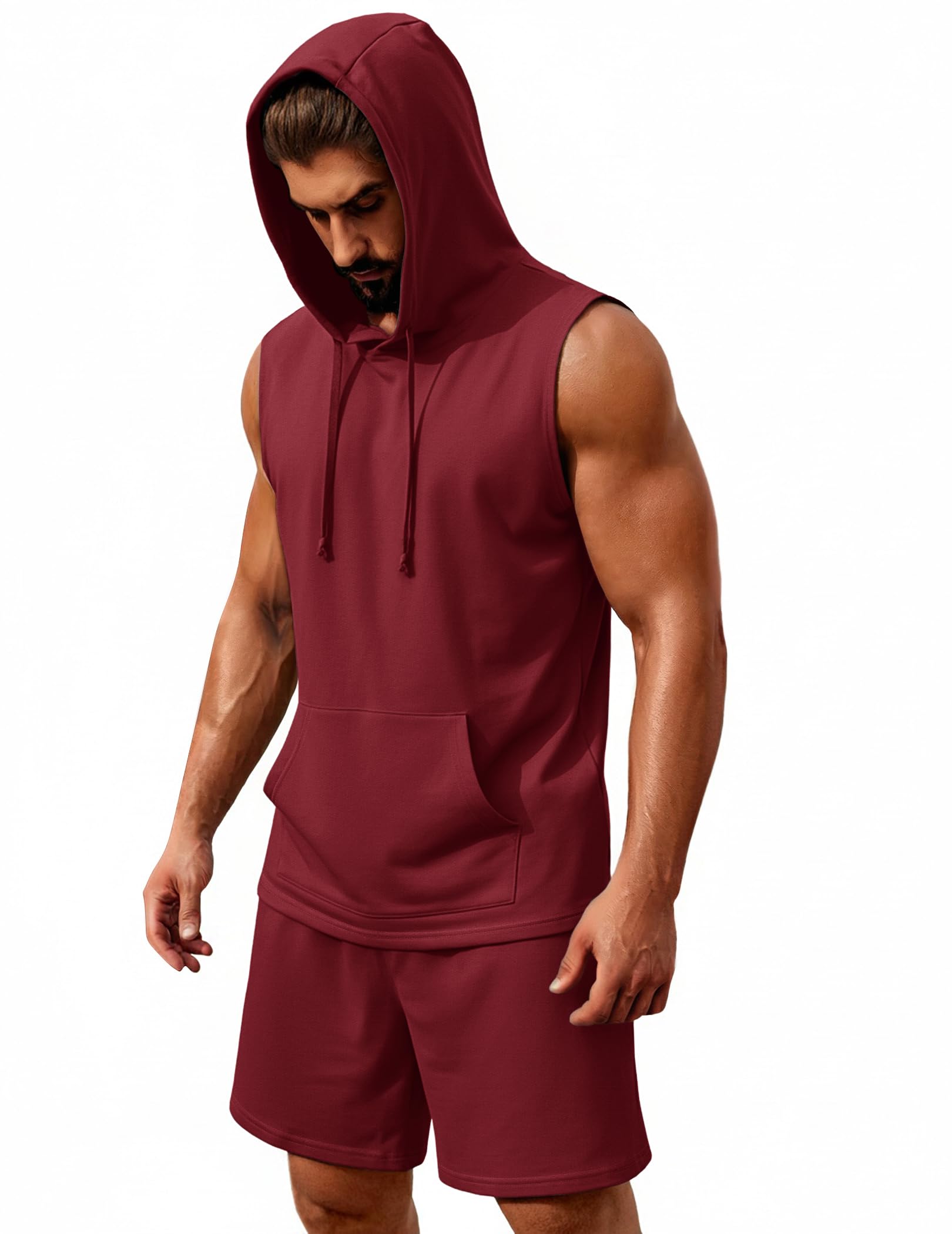 COOFANDY Mens Sleeveless Workout Hoodie Shorts Set