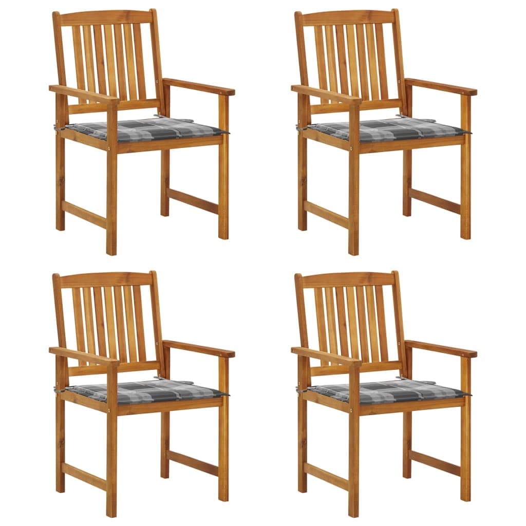 Fauteuils de jardin en acacia massif haut de gamme et coussins confort à carreaux gris