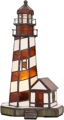 Bieye L10616 Lighthouse Tiffany Style Lámpara de mesa con acento de vidrieras de luz nocturna para decoración del hogar (6x6x11, rojo)