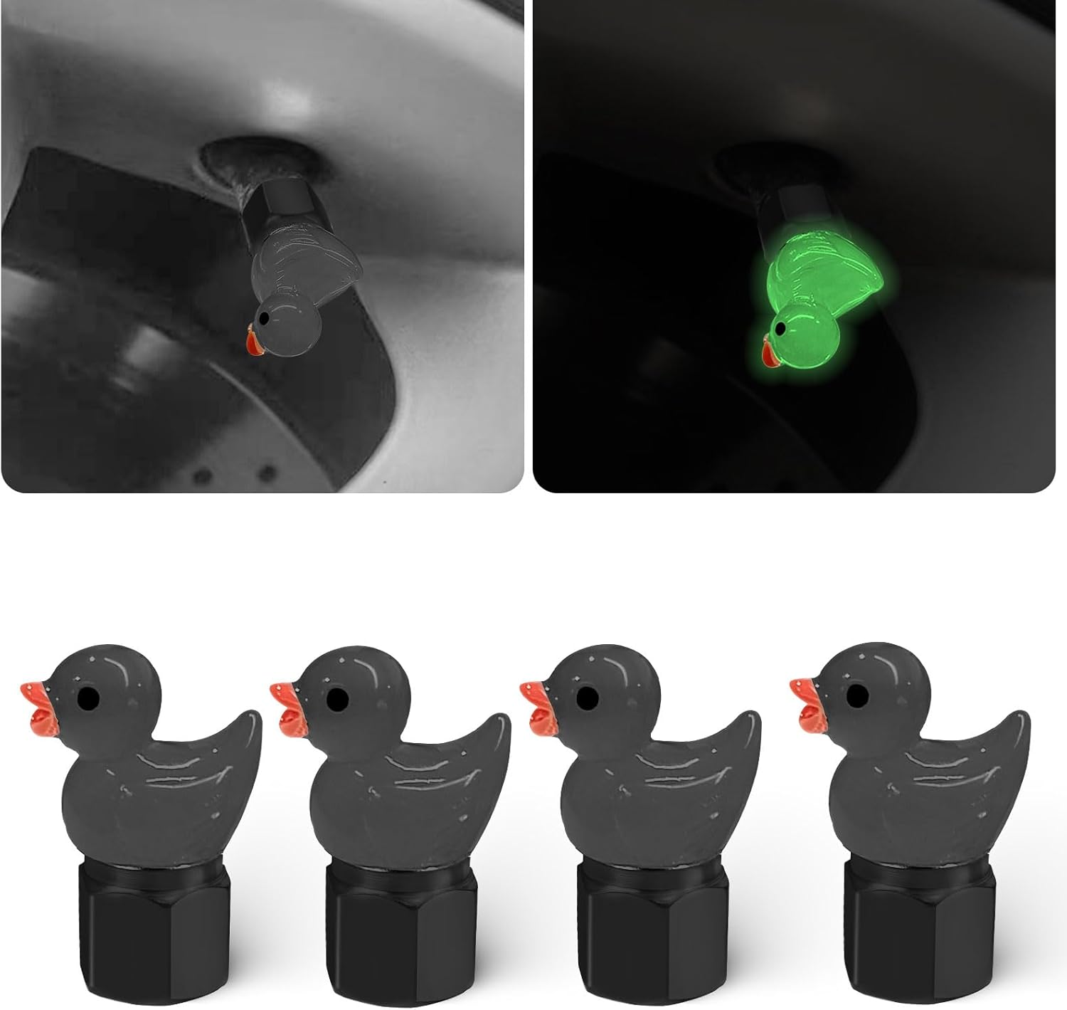 xbrtaia Black Duck tire Valve caps,4 Pack Light up Valve stem caps, Cute Tire Valve Caps