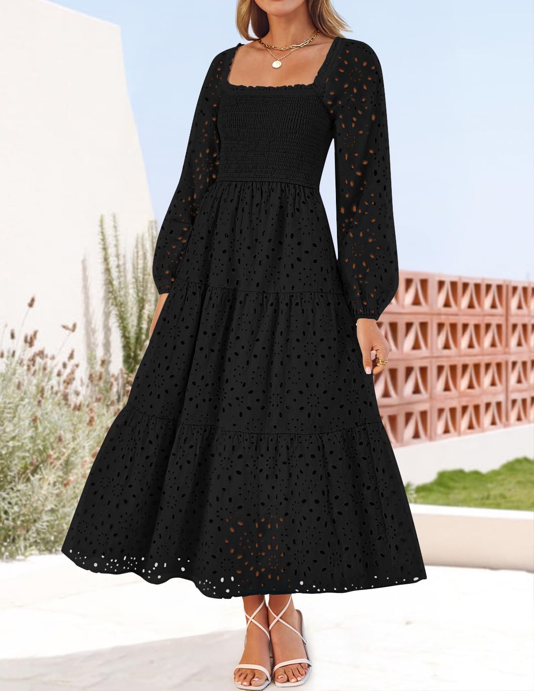 ZESICA Women's Spring Long Sleeve Maxi Dresses 2026 Square Neck Hollow Out Eyelet Smocked A Line Cocktail Party Dress - Image 9