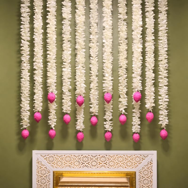 RR Crafts Artificial Flower Hanging Garland (7 Pcs, 140 cm) | Lotus Gajra for Mandir Decoration & Pooja Decor | Wall/Door Hanging Flowers for Home, Diwali, Ganpati & Festival Decoration (White & Pink)