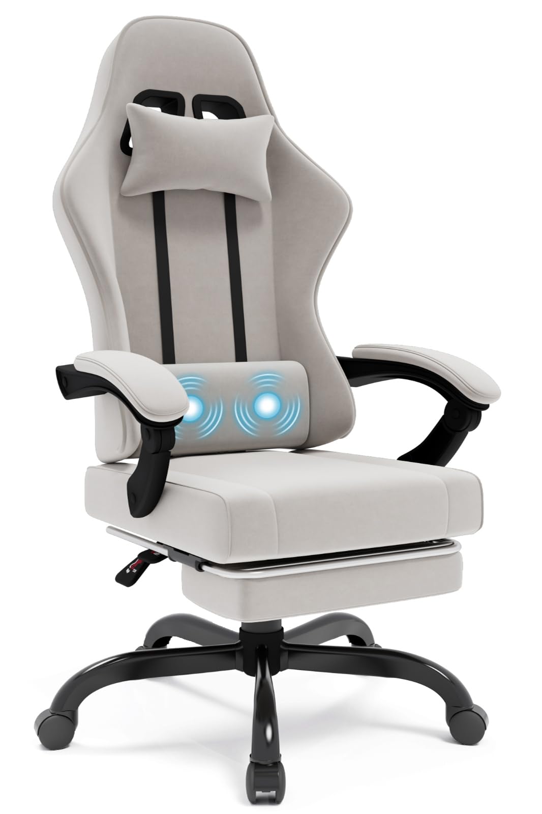 TRIUMPHKEY Silla Gaming de Tela, Sillas de Gaming con cojín Lumbar de Masaje, Silla Oficina Ergonómica con reposacabezas, Cadeira Gamer con reposapies, Ruedas, Altura Ajustable, Gris Claro