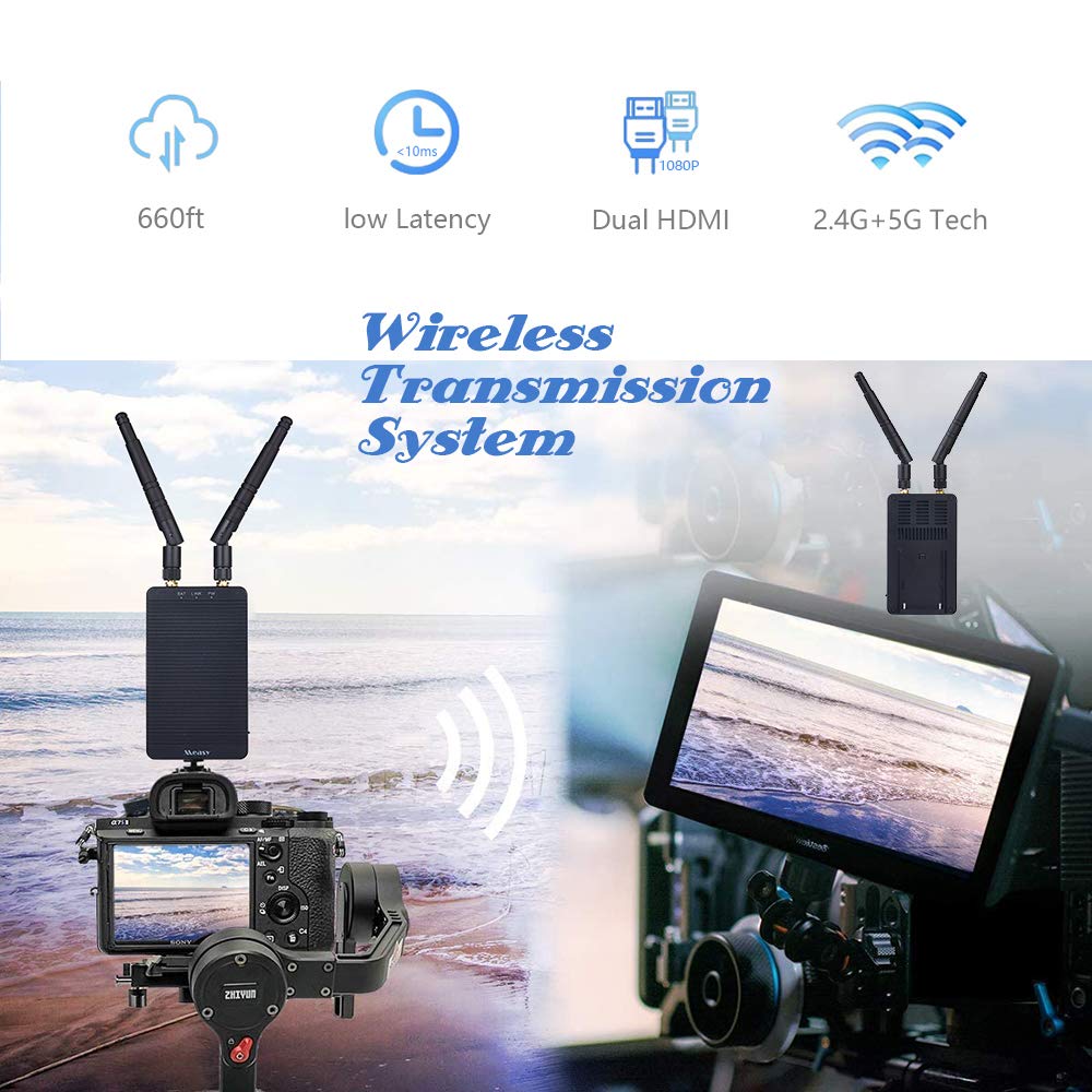 Scene showing the measy T1 wireless transmission system used with a camera and a monitor, indicating its application for outdoor or remote video monitoring.