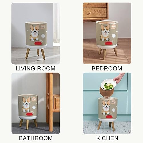 Miniatura 6 de KCDCYCZEAL Bote de basura pequeño con tapa, lindo corgi perro hambriento redondo cubo de reciclaje prensa superior a prueba de perros papelera para
