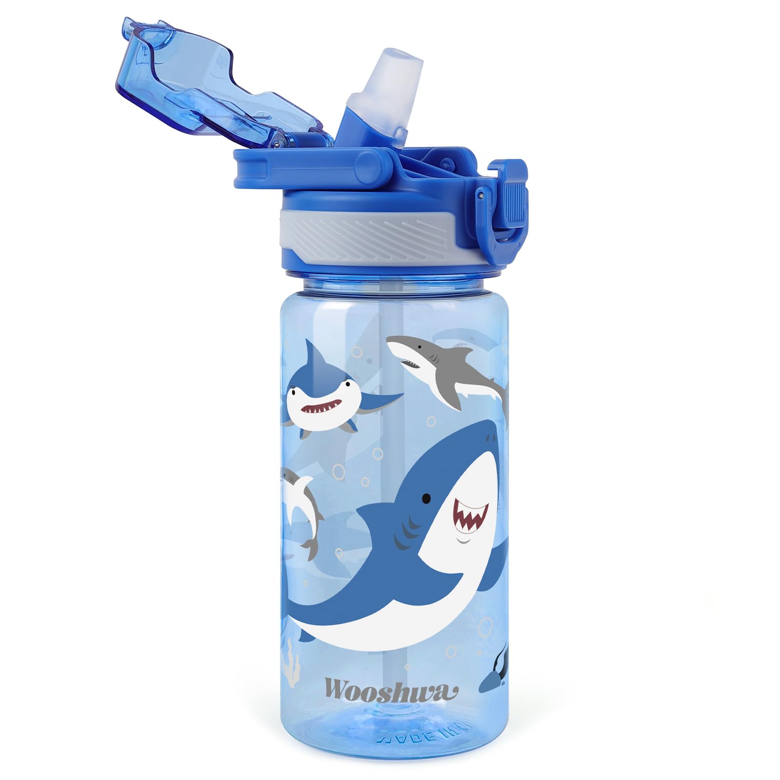 omedecal 480ml Kids Water Bottles, BPA Free Water Bottle with Straw and Handle, Childrens Sports Drinks Bottle, Personalised Cup for Boys Girls, School (Shark)