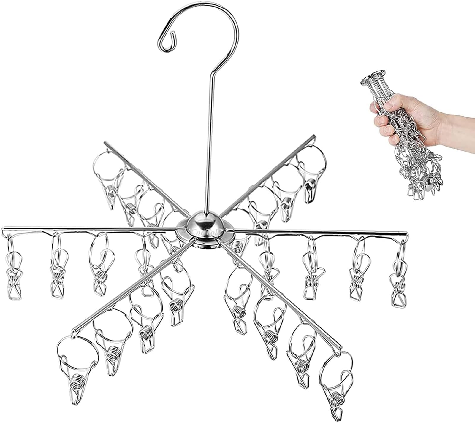 Foldable Clothes Drying Rack with Clips,24 Pcs Stainless Steel Laundry Clips Hanger for Socks Underwear, Drying Towels and Baby Clothes (Metal, Sliver)