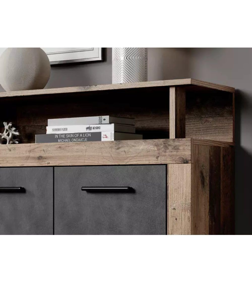 Aparador Luana 190x95,4x31,9 cm – 4 Puertas, 4 Cajones y Huecos Abiertos, Estilo Moderno, Ideal Salón Comedor en Roble y Gris Oscuro