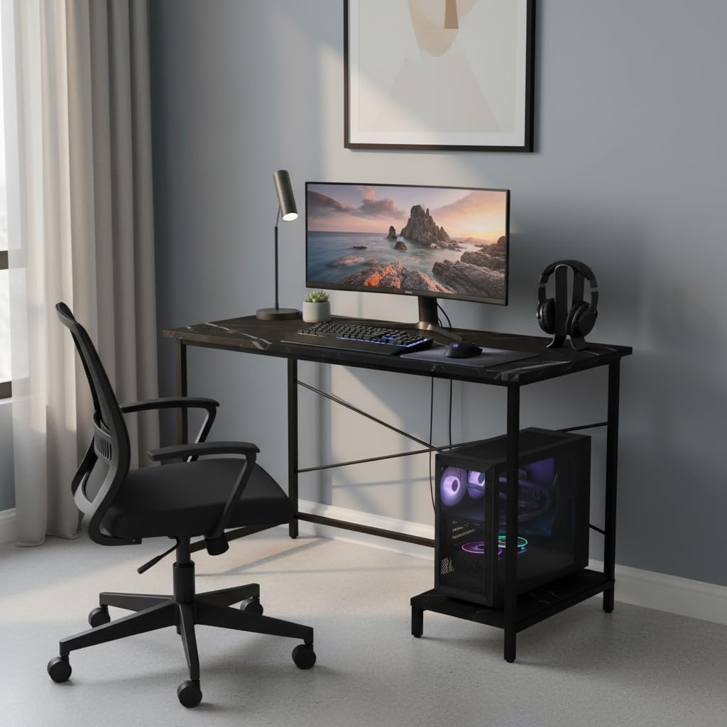 RIZIK STORE Folding Study Table for Small Spaces | 36 x 24 Inch Computer Desk with Laminated Top & Metal Frame | Space-Saving Writing Desk for Home Office, Bedroom, Study & Kids Room (Marble Black)-image-7