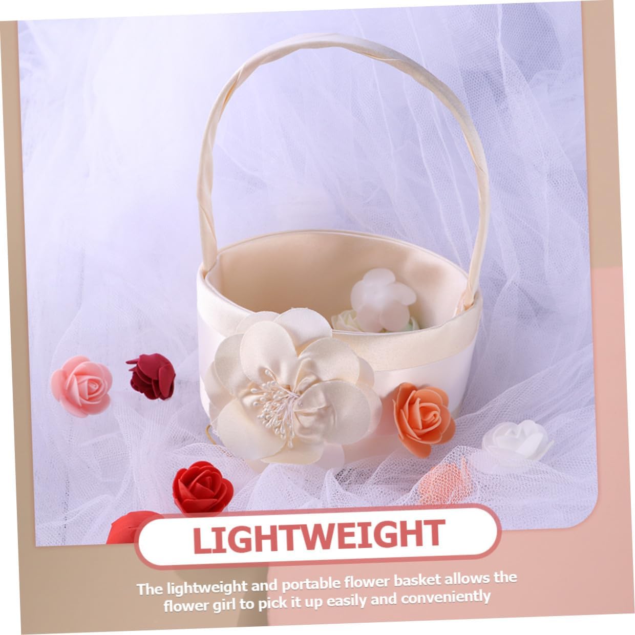 KALLORY Satin Flower Girl Basket for Weddings, Light Gold Floral Petal Holder, 2pcs Set, Decorative Bridal Basket for Flower and Wedding Ceremony Supplies