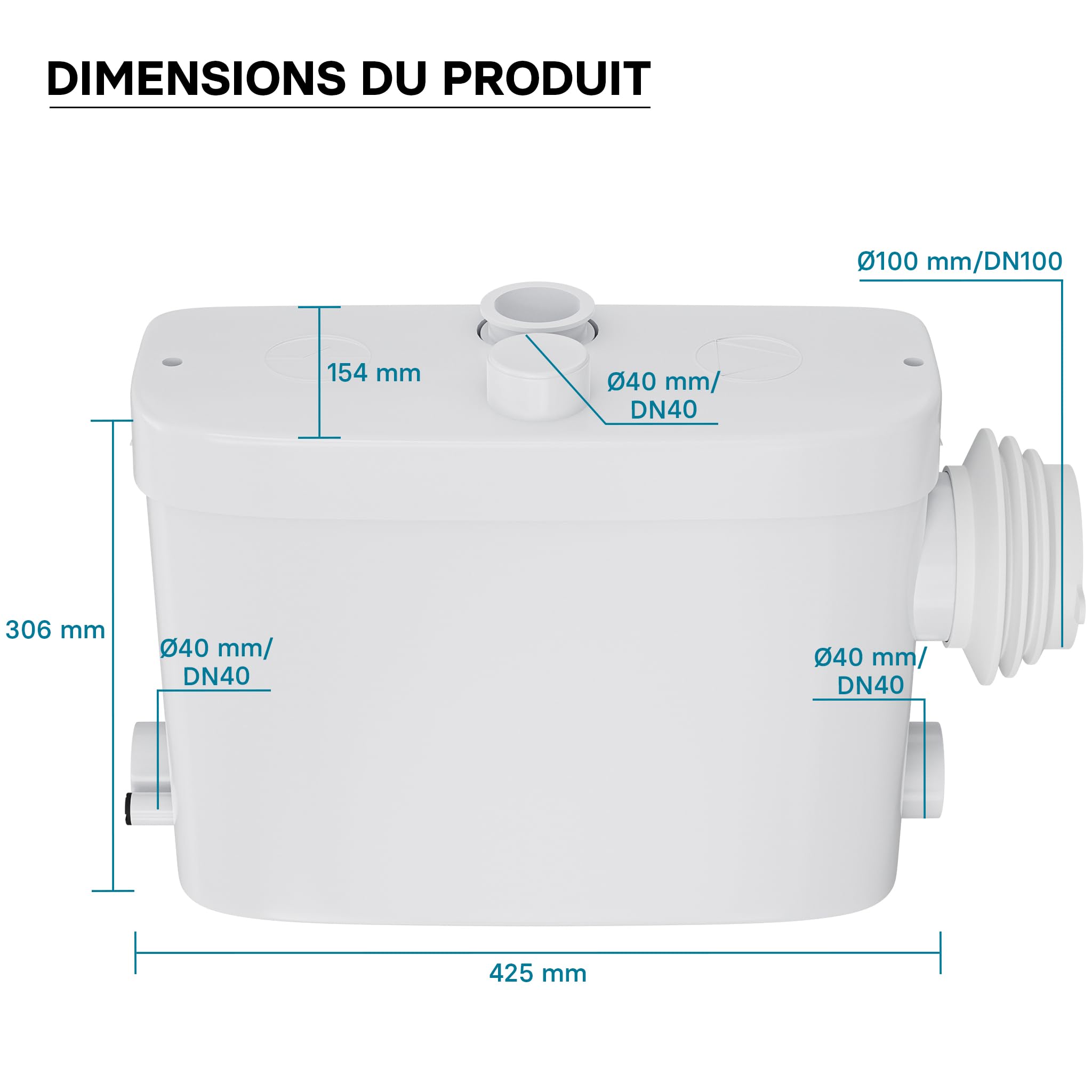 XPOtool Pompe de relevage 3/1 avec Raccord latéral – 450 W – 475 x 154 x 306 mm – 6900 l/h – Refoulement 7,5 m/75 m – Pour Eaux usées chargées WC – Station de Pompage Assainissement