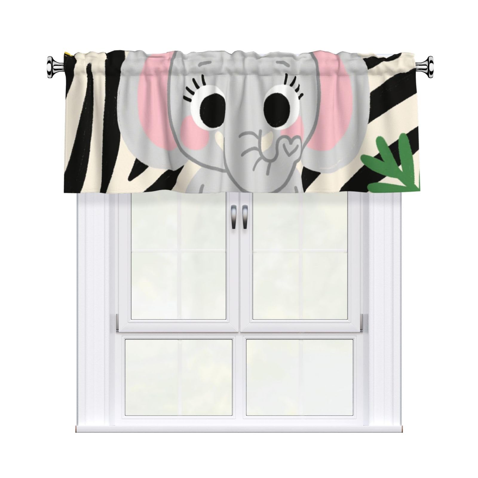 FekiLoot Cute Elephants Curtain Valance for Windows, Kitchen Window Valances Rod Pocket Window Treatments Short Curtains Drapes for Bathroom Bedroom Cafe Decor 54x18inch 1 Panel
