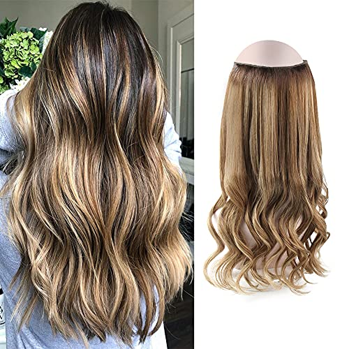 Oreola Wire Hair Extensions Balayage Human Hair Color Dark Brown #2 Fading to #3 Chocolate Brown And #27 Honey Blonde Invisible Fish Wire Hairpiece for Women 16 Inch 100 Grams