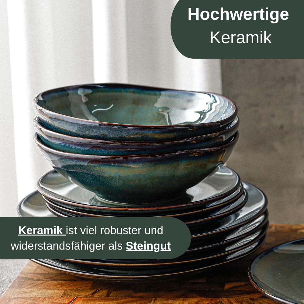 Kadum Keramikteller Geschirrset Teller-Set Tafelservice Speiseteller Pastateller Frühstücksteller Bowl Mediterran Blau-Grün-Gold(4x Speiseteller Ø 26 cm) Küche, Haushalt & Wohnen