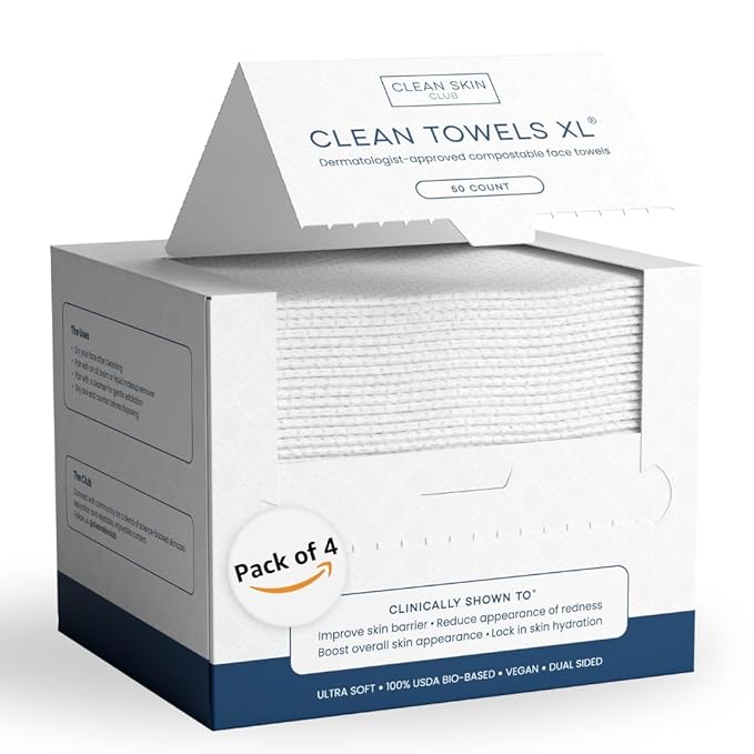 Clean Skin Club Clean Towels XL™, 100% USDA Biobased Face Towel, Disposable Face Towelette, Eczema Association Accepted, Makeup Remover Dry Wipes, Ultra Soft, 50 Ct, 1 Pack

