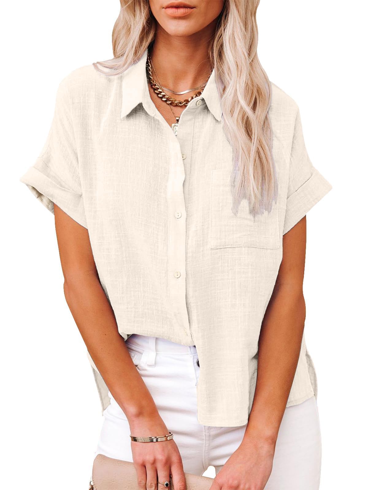 Friptspyg Bluse Damen Blusen & Tuniken Lässiges Kurzarm Hemdbluse Sommer V-Ausschnitt 100% Baumwolle Solide Musselin Bluse Elegant Oberteile mit Tasche